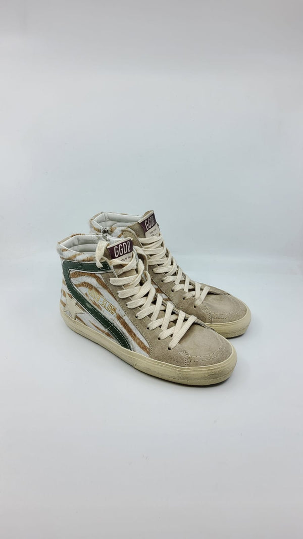 Slide - Suede cheval vague blanche marron et verte